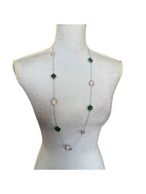 Y2K Long Silver Necklace With Green & Clear Bezel-Set Gemstones Lobster Clasp Cl